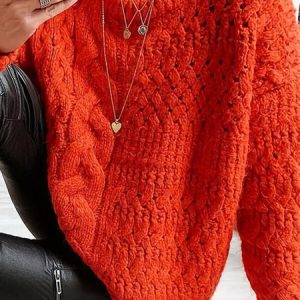 Women Christmas Solid Cable-knit Round Neck Casual Orange Sweater, Sweaters, color:Orange|size:XXL, JustFashionNow