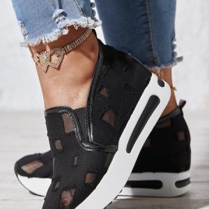 Mesh Ripped Denim Raw Hem Slip On Muffin Sneakers, Sneakers, color:Black|size:42, JustFashionNow