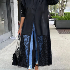 Black Loose Shirt Collar Long sleeve Shirt Collar Long Blouse, Blouses and Shirts, color:Black|size:XXL, Stylewe
