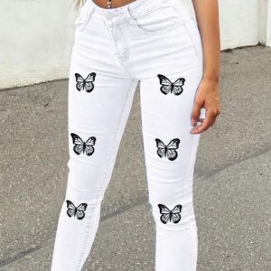 Urban Casual Butterfly Pattern Jeans Women's Slim Pants, Jeans, color:White|size:XL, JustFashionNow