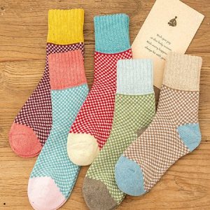 5pairs Color Block Polka Dots Warmth Crew Mid-calf Socks, Socks, color:As Picture|size:5 Pairs, JustFashionNow