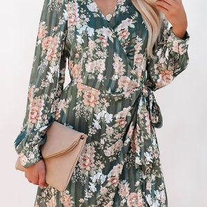 Women Floral V Neck Long Sleeve Comfy Boho Short Dress, Short, color:Green|size:XXL, Noracora