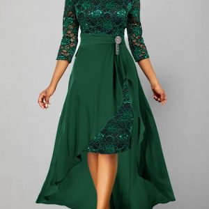 Lace Wedding Guest Crew Neck Elegant Dress, Maxi Dresses, color:Green|size:XXL, Stylewe