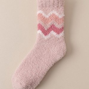 1pair Women Color Block Chevron Warmth Fuzzy Socks, Socks, color:Pink|size:One-size, JustFashionNow