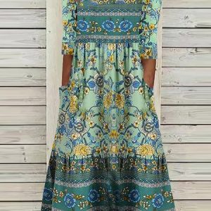 Casual Ethnic Loose Crew Neck Dress, Dresses, color:Green|size:XXL, JustFashionNow