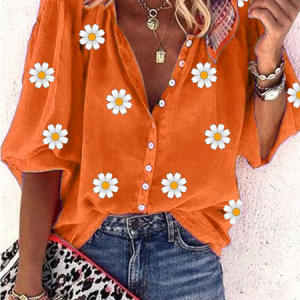 Plus Size Loose Daisy V Neck Casual Blouse, TOPS, color:Orange|size:4X, Noracora