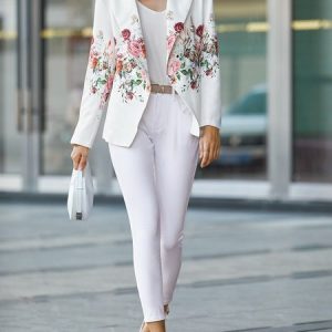 Urban Lapel Collar Loose Long sleeve Floral Blazer, Blazers, color:White|size:XXL, Stylewe