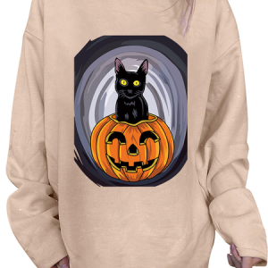 Casual Cat Crew Neck Long Sleeve T-shirt, T-shirts, color:Apricot|size:XXL, Noracora
