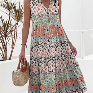 Crew Neck Elegant Ruched Floral Dress, Maxi, color:Multicolor|size:XXL, Noracora