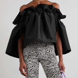 Cold Shoulder Plain Loose Elegant Shirt, Blouses and Shirts, color:Black|size:XXL, Stylewe