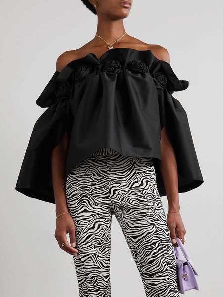 Cold Shoulder Plain Loose Elegant Shirt, Blouses and Shirts, color:Black|size:XXL, Stylewe
