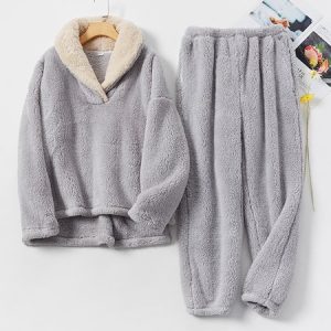 Casual Shawl Collar Fluff/Granular Fleece Fabric Loose Two-Piece Set, Tops, color:Gray|size:XXL, JustFashionNow