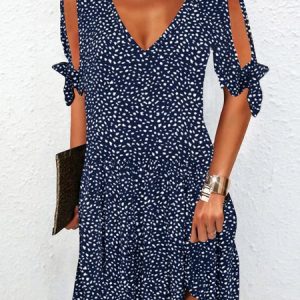 Casual V Neck Polka Dots Short Sleeve Woven Dress, Dresses, color:Blue|size:XXL, JustFashionNow