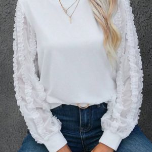 Casual Crew Neck Plain Sweatshirt Mesh, Hoodies & Sweatshirts, color:White|size:XXL, Noracora