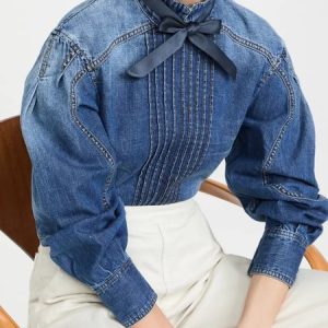 Denim Regular Fit Casual Stand Collar Denim Blouse, Tops, color:Blue|size:XXL, Stylewe