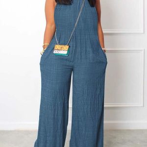 Loose Casual Stand Collar Plain Sleeveless Jumpsuit, Jumpsuits, color:Blue|size:XXL, Stylewe