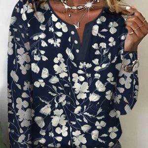 JFN V Neck Floral Buttoned Vacation Long Sleeve T-shirt, T-Shirts, color:Blue|size:XXL, JustFashionNow