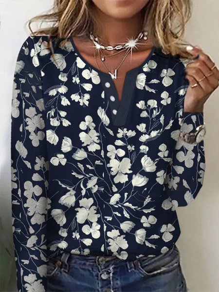 JFN V Neck Floral Buttoned Vacation Long Sleeve T-shirt, T-Shirts, color:Blue|size:XXL, JustFashionNow