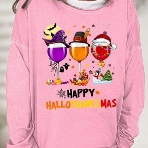 Women's Happy Hallo Thanks Mas Funny Three Red Wine Glasses Christmas Graphic Print Casual Loose Sweatshirt, color:Pink|size:3XL, Lilicloth.com