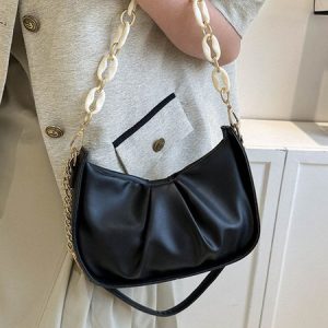 Leather Ruffles Pearl Chain Cloud Bag, Women's Bags, color:Black|size:One-size, JustFashionNow