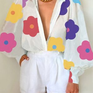 Vacation Shirt Collar Loose Floral Blouse, Blouses and Shirts, color:Multicolor|size:XXL, Stylewe
