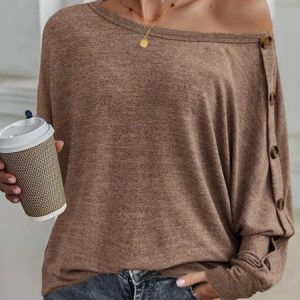 Casual Plain One Shoulder Long Sleeve T-shirt, T-shirts, color:Khaki|size:5XL, Noracora