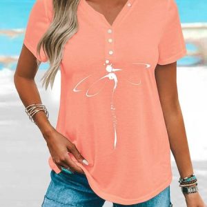 Loose Jersey V Neck Casual Blouse, Blouses, color:Light Orange|size:XXL, Noracora