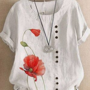 Crew Neck Floral Casual Cotton Buttoned Shirt, Blouses & Shirts, Roselinlin - Online Catalog