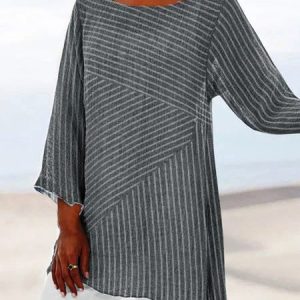 Casual Striped Printed Long Sleeve Blouse & Shirts, Blouses, color:Gray|size:5XL, Noracora