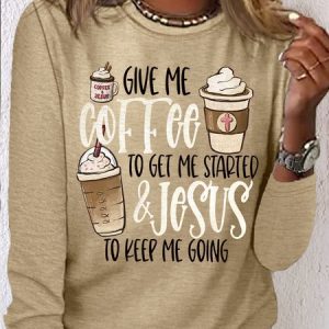 Women's Jesus and Coffee Crew Neck Casual Shirt, color:Khaki|size:3XL, Lilicloth.com