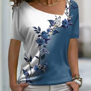 Asymmetrical Casual Floral Loose Shirt, Shirts & Blouses, color:Blue|size:XXL, JustFashionNow