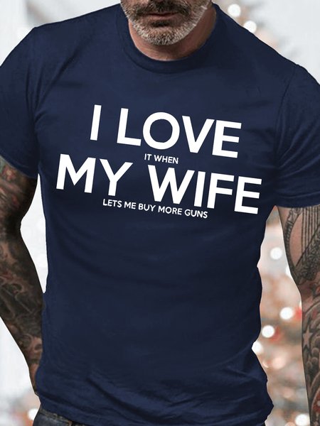 Men's I Love My Wife Funny Graphic Print Text Letters Cotton Crew Neck Casual T-Shirt, T-shirts, Lilicloth.com