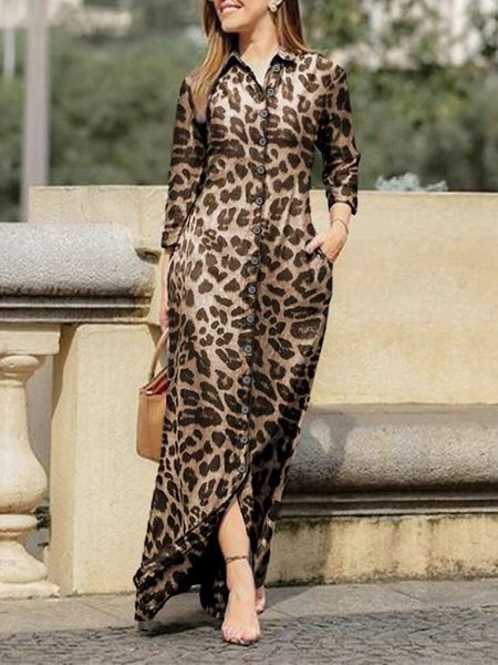 Leopard Regular Fit Shirt Collar Urban Dress, Maxi Dresses, color:Leopard|size:XXL, Stylewe