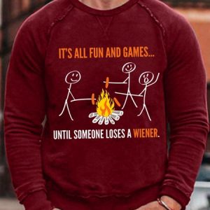 Men's Funny It Is All Fun And Games Until Someone Loses A Wiener Graphic Printing Cotton-Blend Casual Loose Crew Neck Sweatshirt, color:Red|size:3XL, Lilicloth.com
