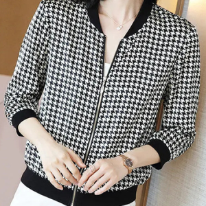 V Neck Long Sleeve Houndstooth Regular Micro-Elasticity Regular Fit Jacket For Women, Jackets, color:Black-white|size:5XL, Noracora