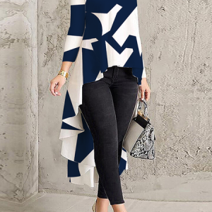 Loose A-Line Long sleeve Stand Collar Urban Blouse, Blouses and Shirts, color:Blue|size:XXL, Stylewe