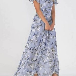 Women Floral V Neck Cap Sleeve Comfy Elegant Printing Maxi Dress, Maxi, color:Purple|size:3XL, Noracora