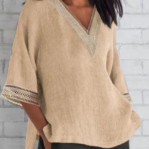V Neck Three Quarter Sleeve Plain Lace Regular Loose Shirt For Women, Blouses, color:Champagne|size:3XL, Noracora