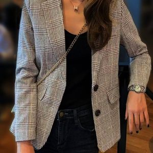 Plaid Buckle Long Sleeve Lapel Collar Casual Blazer, Blazers, color:Gray|size:XXL, JustFashionNow