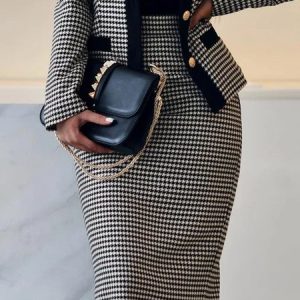 Regular Fit Urban Houndstooth Skirt, , color:Black-white|size:XXL, Stylewe