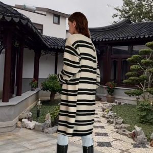Women Yarn/Wool Yarn Striped Long Sleeve Comfy Casual Cardigan, Cardigans, color:Khaki|size:XL, Noracora