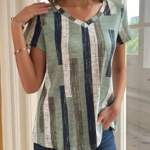 V Neck Casual Striped Shirt, Blouses, color:Green|size:XXL, Noracora