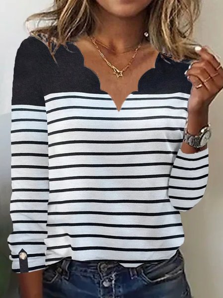 Striped Casual Loose V Neck T-Shirt, Long sleeves, Lilicloth.com