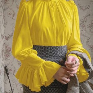 Turtleneck Plain Elegant Regular Fit Shirt, Blouses and Shirts, color:Yellow|size:XXL, Stylewe