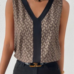 Loose V Neck Geometric Casual Tank Top, Tanks & Camis, color:Coffee|size:XS, JustFashionNow