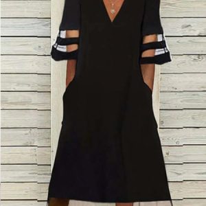 Women Plain Crew Neck Half Sleeve Comfy Casual Midi Dress, Midi, color:Black|size:3XL, Noracora