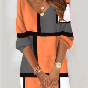 Women Plaid V Neck Long Sleeve Comfy Casual Midi Dress, Short, color:Orange|size:XXL, catalog Noracora shop