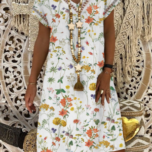 V Neck Floral Loose Vacation Dress, Dresses, color:White|size:XXL, JustFashionNow