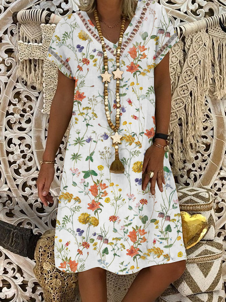 V Neck Floral Loose Vacation Dress, Dresses, color:White|size:XXL, JustFashionNow