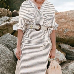 Striped Regular Fit Shirt Collar Elegant Dress, Midi Dresses, color:As Picture|size:XXL, Stylewe